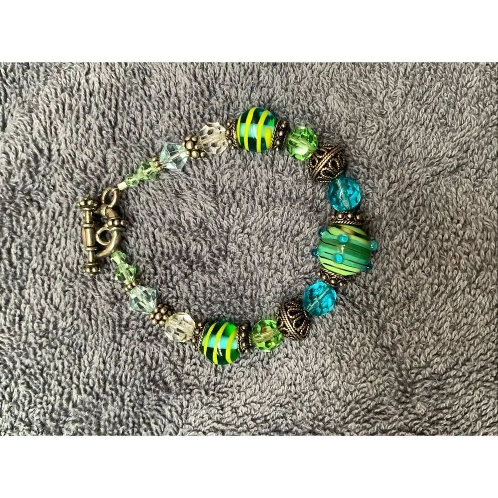 Handmade Lampwork Blue Green Beads Crystals Bracelet #summer #Italy